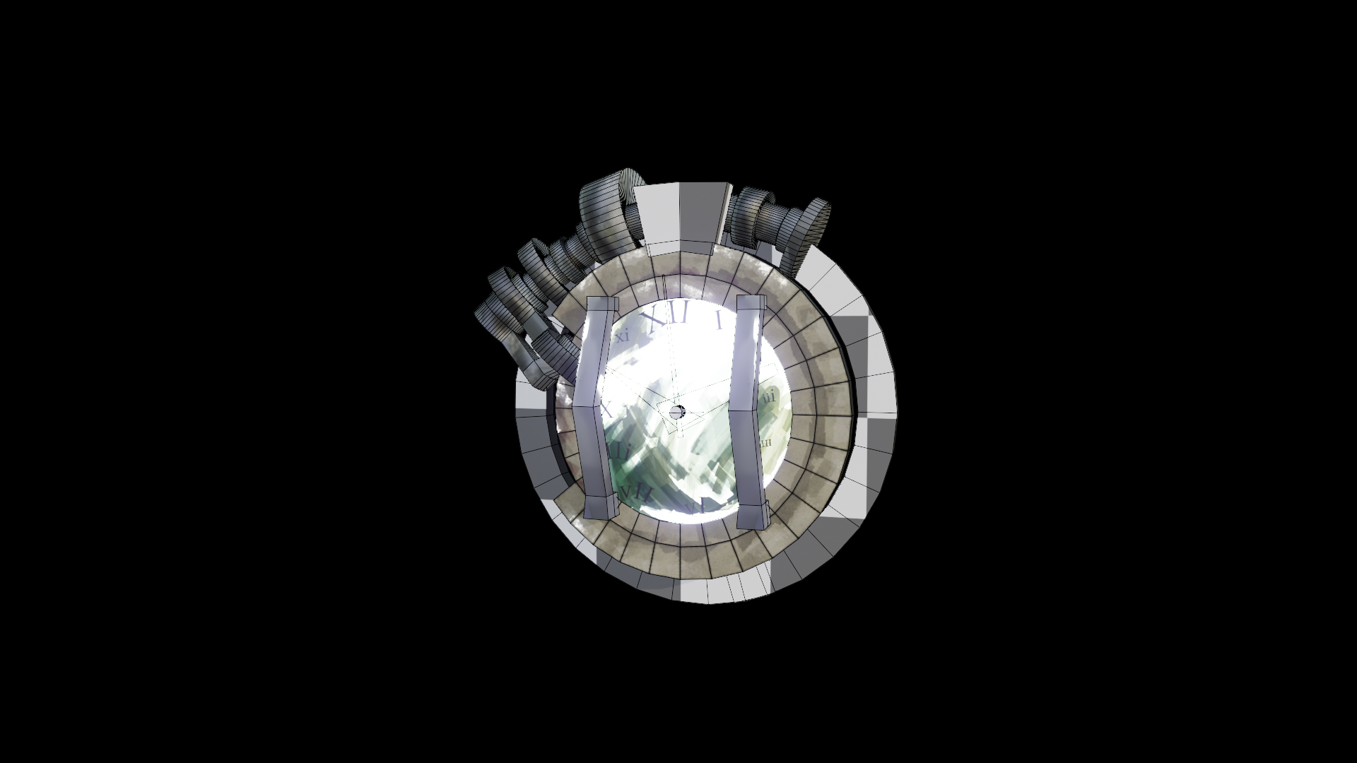 3D model of a glowing clock device with checkboard pattern tiles on top and a iron pipe frame connecting the top to main clock part