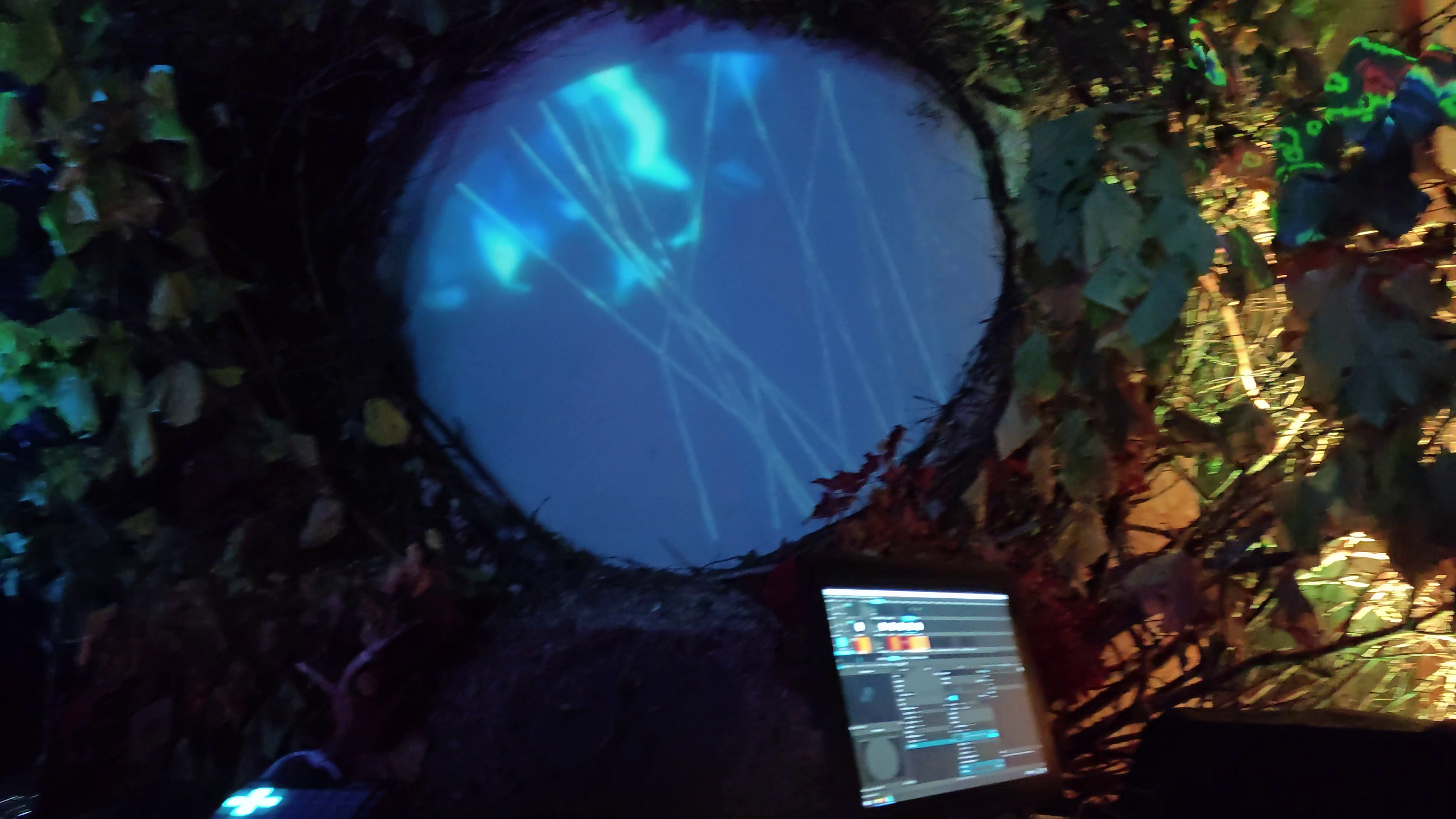 Shimmering portal surface with a circle of branches around it and a computer monitor in the corner
