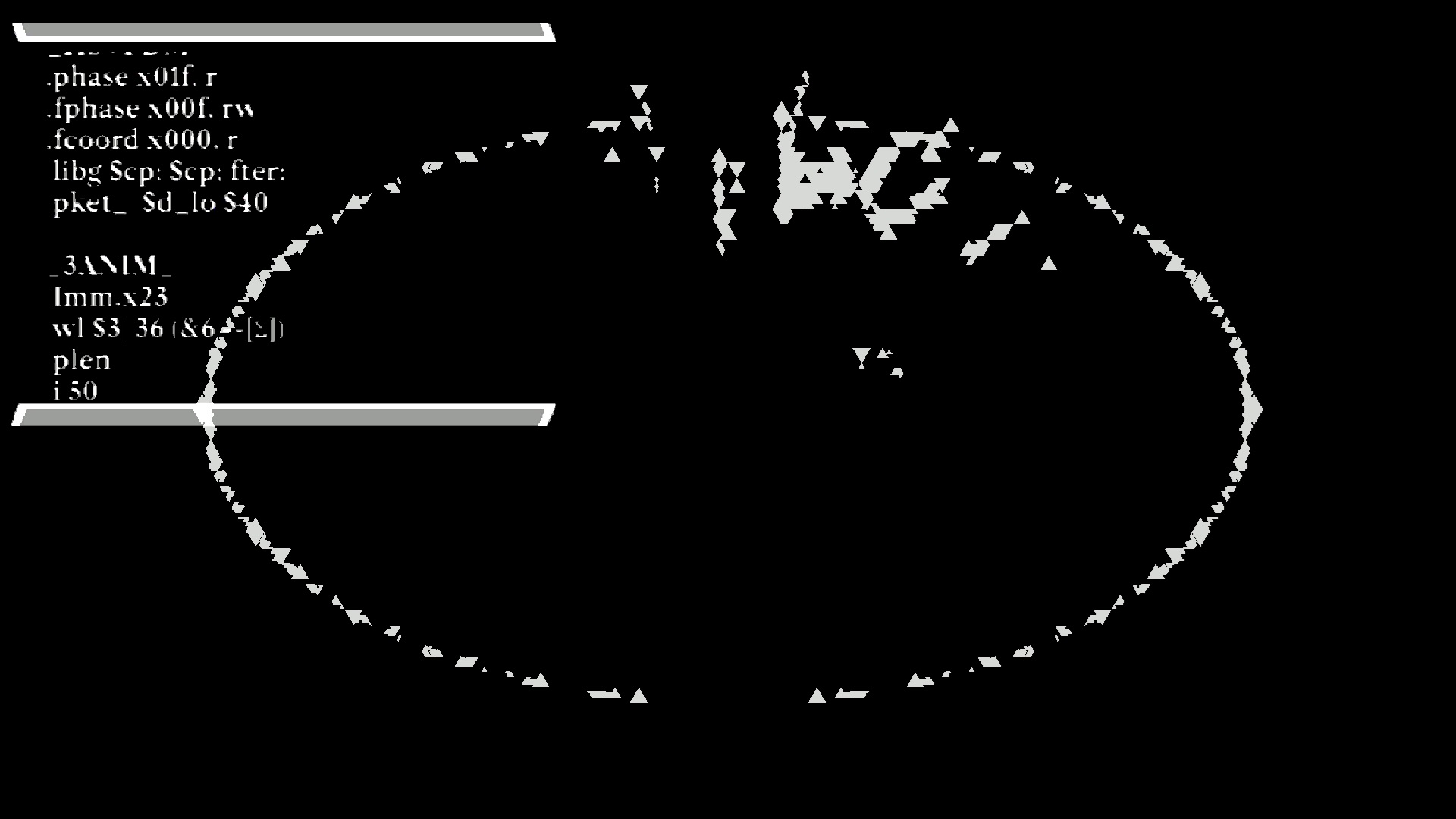 Circle made out of triangles, glitching against dark background, minimal computer terminal overlay
