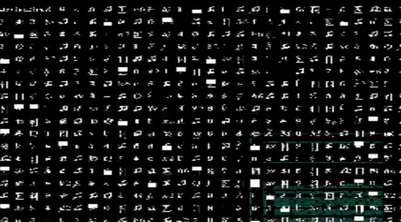 Shapes like crude hieroglyphic patterns over dark background