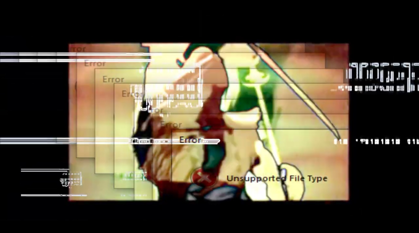 Samurai raising sword over computer error messages distortion sunset
