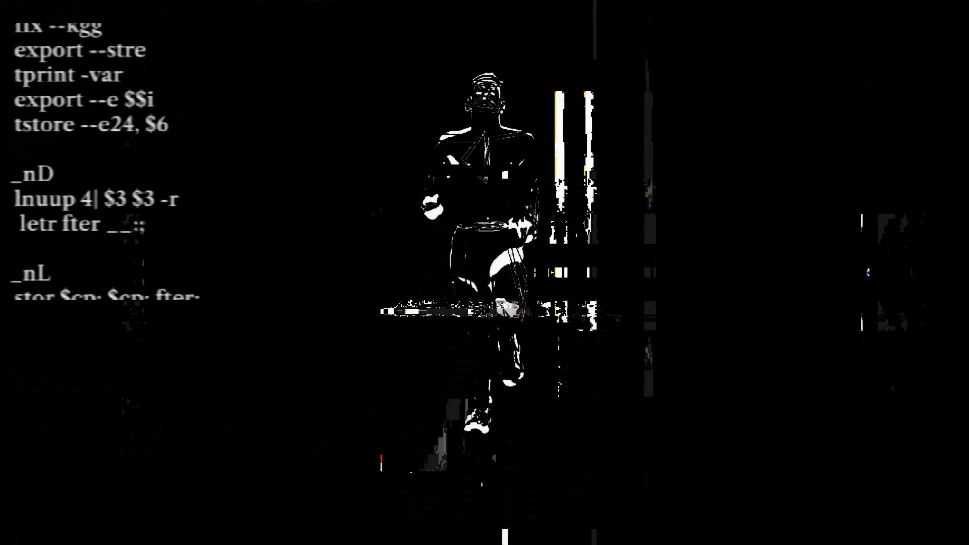 Man running like primitive painting broken computer drawing through a dark road