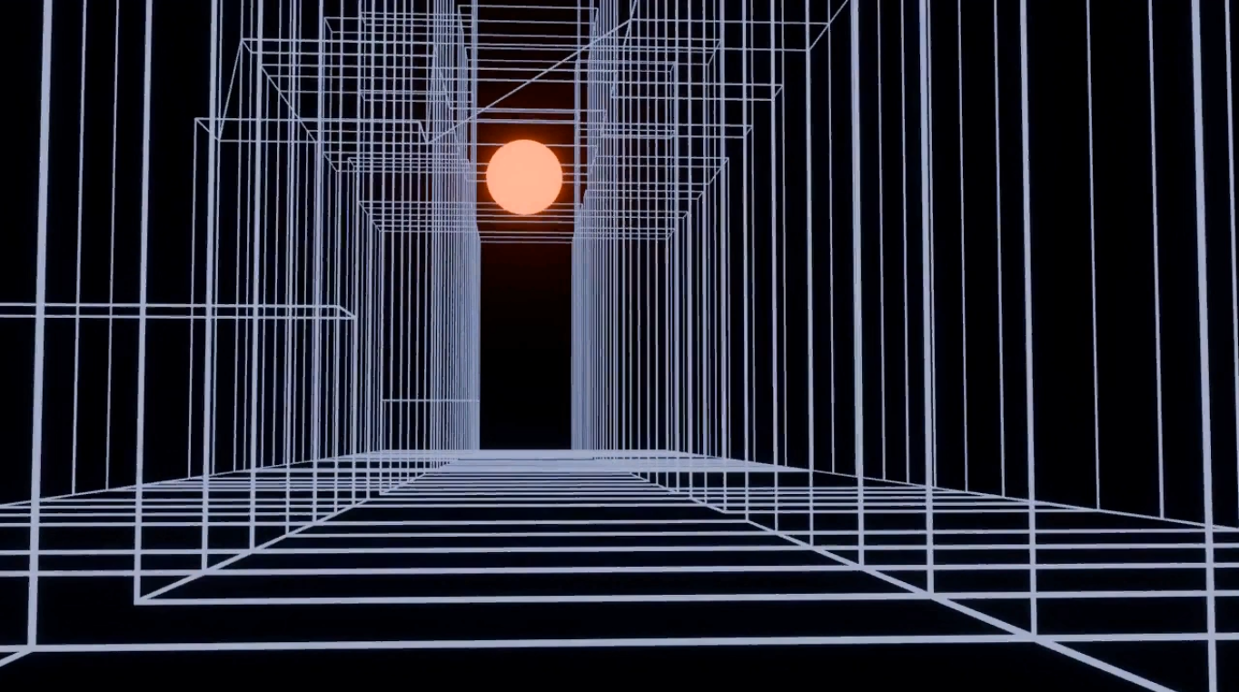 Synthwave 3D city made of graphic lines with retro stylized sun in the distance like sunset