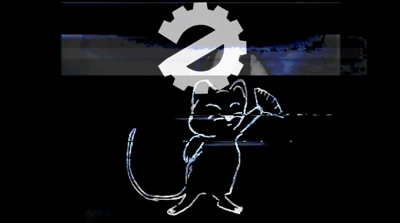 Drawing of a cat waving a fan over dark background and minimal pattern like painted video frame